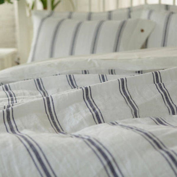 Set of 3 stone washed pure Linen, white and blue striped bedding linen, bed set duvet cover + 2 pillowcases