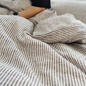 Set of 3 stone washed pure Linen,  brown striped bedding linen, bed set duvet cover + 2 pillowcases