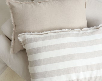 Striped Pure Linen Pillowcase with Fringes