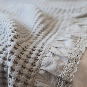 Shabby Chic Softened Waffle Cotton Blanket Throw Wrap with ruffles and crochet lace