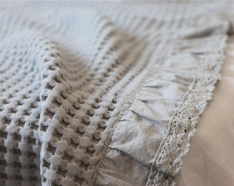 Shabby Chic Softened Waffle Cotton Blanket Throw Wrap with ruffles and crochet lace