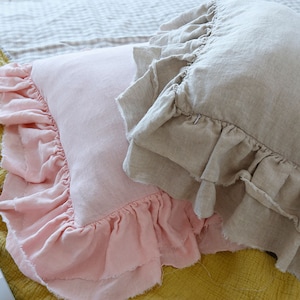 Shabby chic Pre washed 100% Linen Large European pillow case, double ruffled Euro shams, long frill