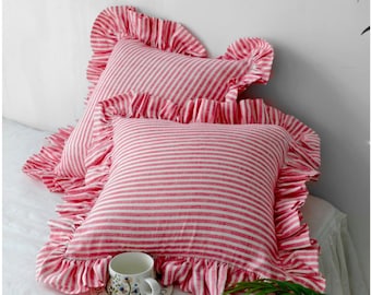 Striped Linen Euro Sham with Long Ruffles French Farmhouse Pillow Cover Stone Washed Bedding