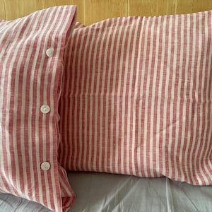 Set of 2 French chic PRE washed Linen Pillow Case Red and White Stripes image 1