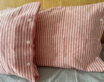 Juego de 2 fundas de almohada de lino prelavado francés chic rayas rojas y blancas