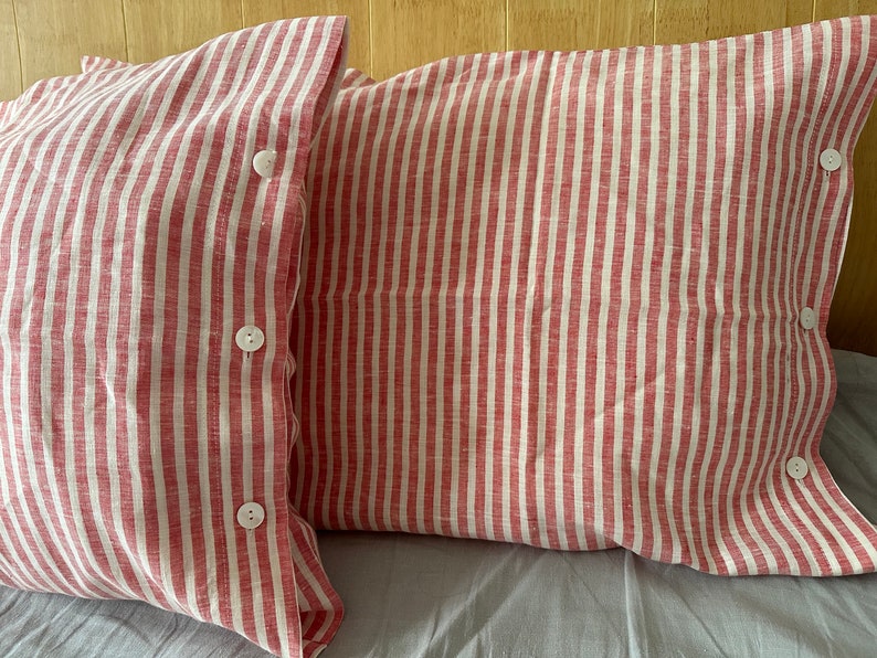 Set of 2 French chic PRE washed Linen Pillow Case Red and White Stripes image 1