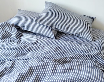 Set di biancheria da letto in puro lino lavato a pietra, composto da 3 pezzi, con copripiumino a righe blu (1 copripiumino e 2 federe).