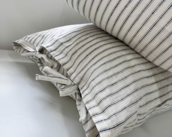 Juego de 2 fundas de almohada de lino color carbón con lazos laterales / Lino 100% europeo lavado a la piedra