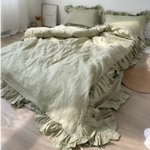 Set of 3 Sage Green Ruffled Linen Duvet Cover with 2  Pillowcases, Custom linen bedding