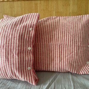 Set of 2 French chic PRE washed Linen Pillow Case Red and White Stripes image 3