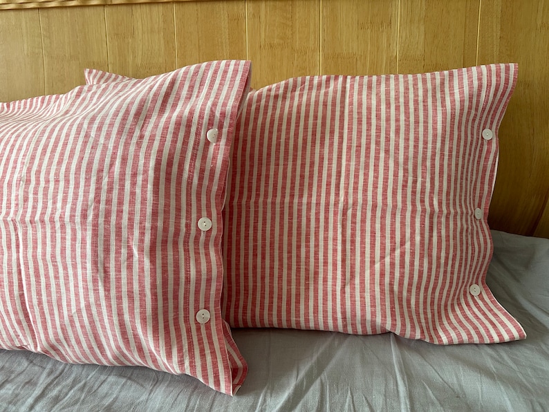 Set of 2 French chic PRE washed Linen Pillow Case Red and White Stripes image 3