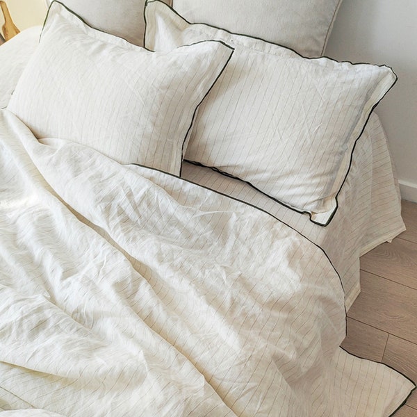100% Linen Bedding Set with Embroidery Edge, Pin Stripe Duvet Cover Set Pillowcases