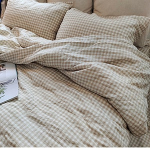 Set of 3 Natural Beige Gingham Linen Duvet Cover Set - Rustic Bedding, Soft Linen, King/Queen Size