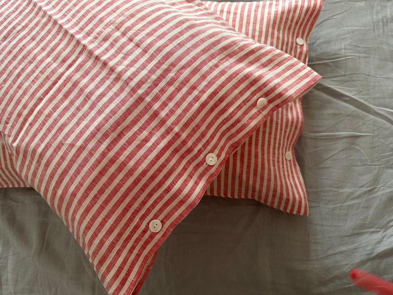 Set of 2 French chic PRE washed Linen Pillow Case Red and White Stripes image 6