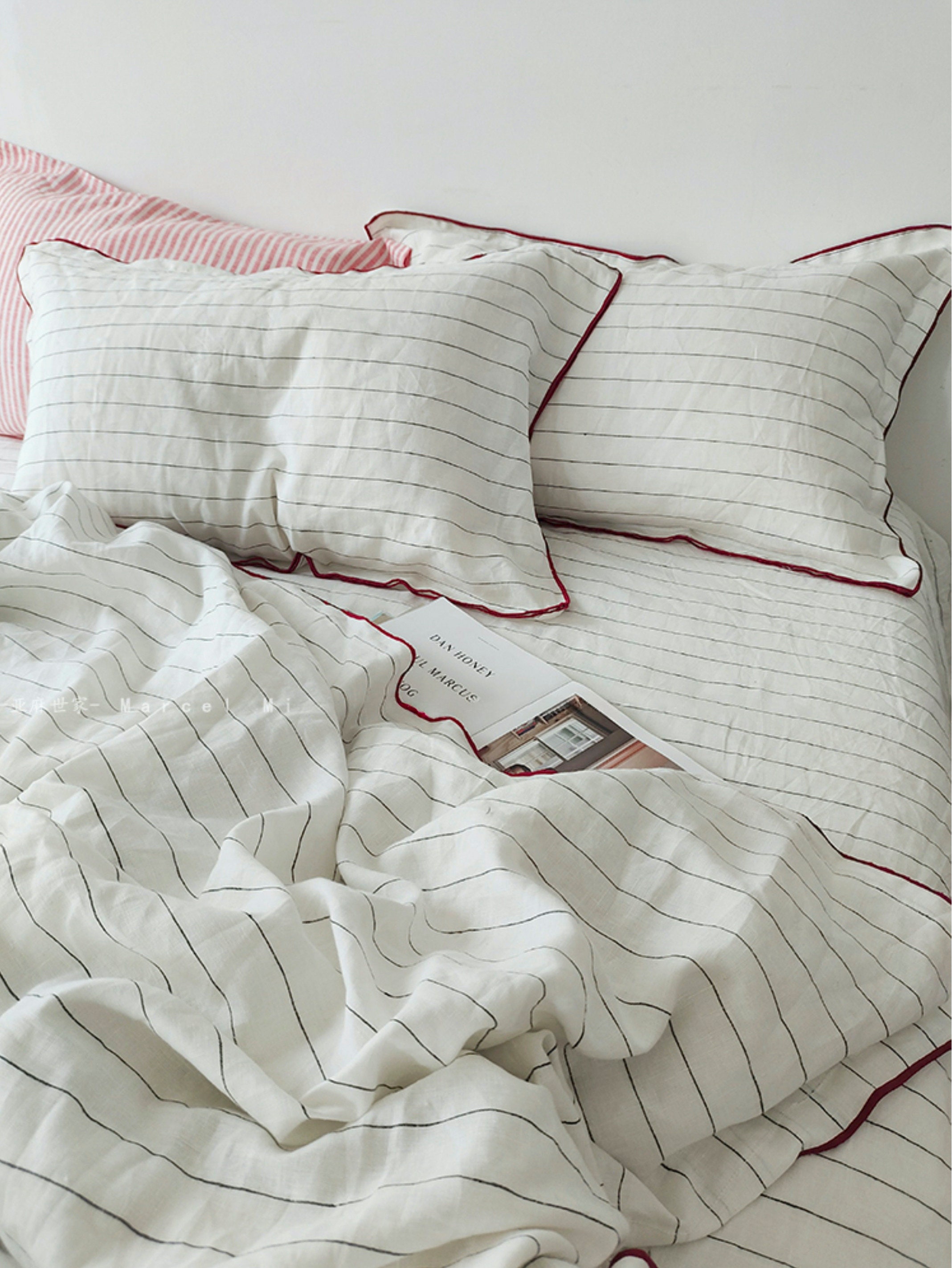 100% Linen Bedding Set With Embroidery Edge, Pin Stripe Duvet Cover Set  Pillowcases With Ancora Red Overlock Stitch - Etsy, image size:2137x2846