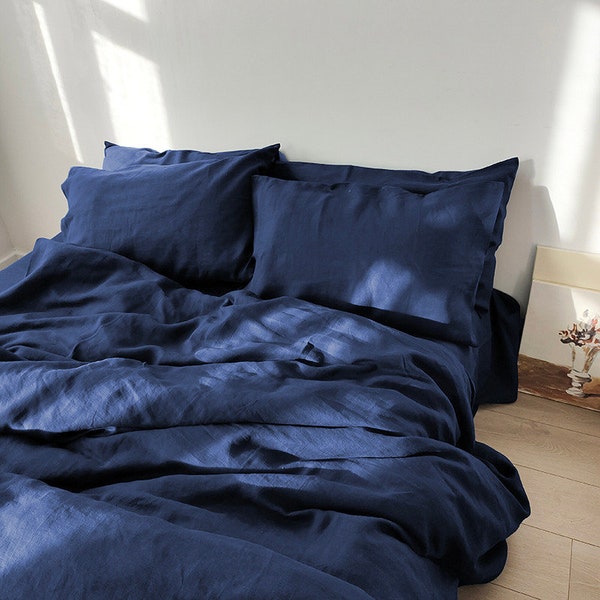 Set of 3 Shabby chic Washed 100% Hemp Linen Bed Linen Duvet Cover  with 2 matching Pillowcases midnight blue