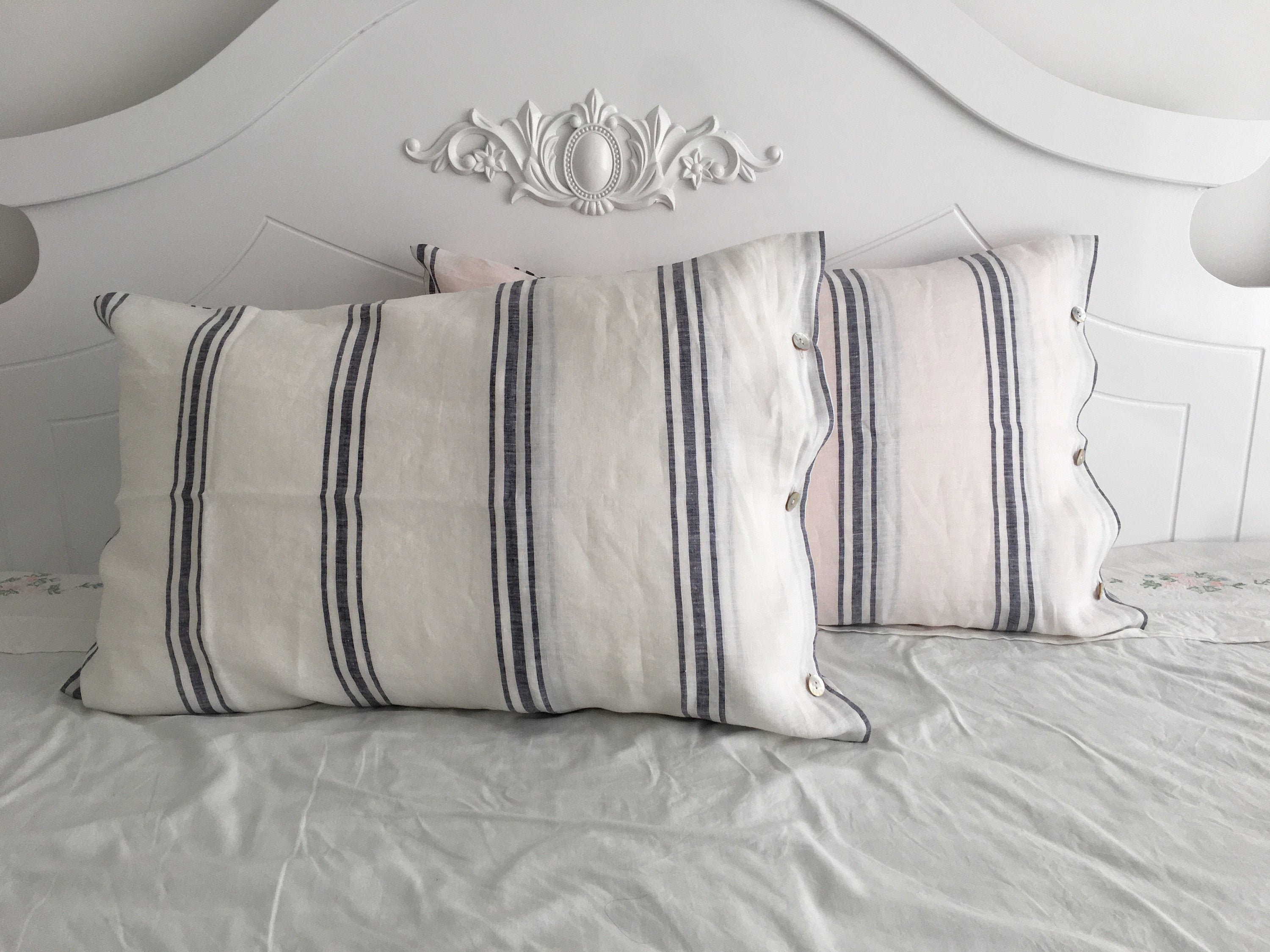 Two French chic washed Linen Pillow Case blue and white Stripes buttons opening 