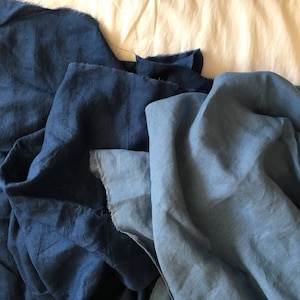 Extra wide linen fabric 100% pure flax cloth stone washed soft linen medium weight width 110 inch Mediterranean Blue and Navy Blue