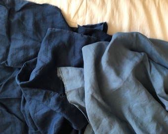 Extra wide linen fabric 100% pure flax cloth stone washed soft linen medium weight width 110 inch Mediterranean Blue and Navy Blue