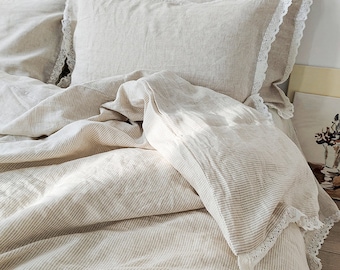 Striped Linen Duvet Cover Set with Lace Trim – 100% European Flax Bedding, Fine Oatmeal Ticking Linen, Prewashed Soft Linen Bed Set