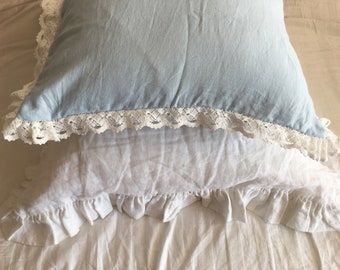 A PAIR! Shabby chic Pre washed 100% Flax Linen Large European square  pillow case cover shams with crochet lace