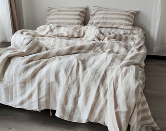 Set of 3 stone washed pure Linen, oatmeal and ivory striped bedding linen, bed set duvet cover + 2 pillowcases