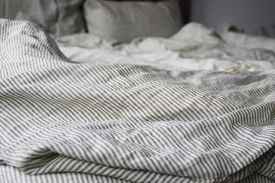 Set of 3 Stone Washed Pure Linen Olive Green Striped Bedding Etsy