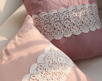Pre-Washed 100% Linen Shabby Chic Euro Sham with Wide Chemical Lace Trim – Large Square Pillow Cover