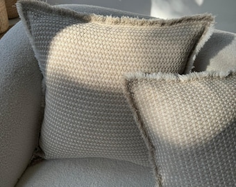 Linen Cotton Blend Pillowcase – Small Rhombus Jacquard Pattern with Frayed Edges, Natural Beige