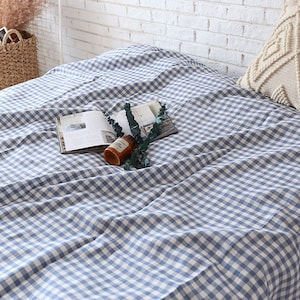 Set of 3 Blue or Gray Gingham Linen Duvet Cover - Soft Rustic Bedding, Available in Multiple Sizes