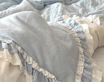 Romantic Ruffle Duvet Cover Set – White Lace & Blue Ruffles – 3 Layer Waterfall Bedding – Shabby Chic French Cottage Style