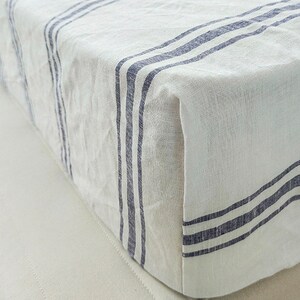 Cottage chic Stone Washed 100% Linen Bedding, Blue Stripe Fitted Sheet, Navy Blue Stripe Ticking image 5