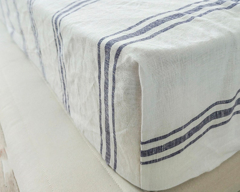 Cottage chic Stone Washed 100% Linen Bedding, Blue Stripe Fitted Sheet, Navy Blue Stripe Ticking image 5