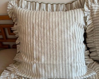 Beige Striped Linen Pillowcase with Ruffles – Handmade, Overlock Edge, Multiple Sizes Available