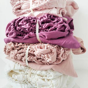 Pre-Washed 100% European Linen Fitted Sheet - Soft and Seamless Bedding in White, Cream, Pink, Purple Raspberry, Fuchsia