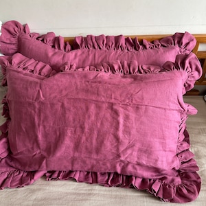 Set of TWO Shabby chic PRE washed Linen ruffled pillowcases Raspberry