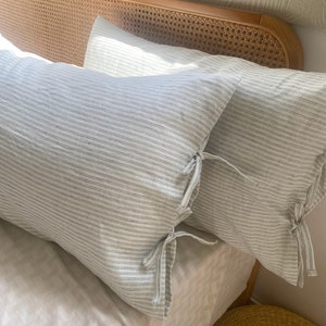 Juego de 2 fundas de almohada de lino prelavado con lazos, funda de almohada lumbar de lino a rayas con lazo