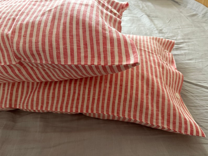 Set of 2 French chic PRE washed Linen Pillow Case Red and White Stripes image 4