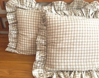 Natural Beige Gingham Linen Pillowcase with Ruffles – Ruffled Gingham Euro Sham & Cushion Cover Throw Pillow, Import Tariffs Prepaid