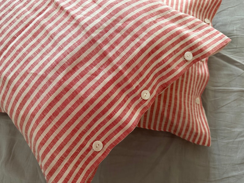 Set of 2 French chic PRE washed Linen Pillow Case Red and White Stripes image 5