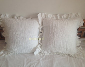 Pair Shabby chic Pre washed 100% Flax Linen Large European square  pillow case cover shams ruffled gray ecru white pink