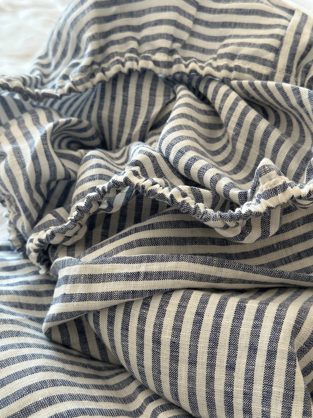 Blue Striped Linen Fitted Sheet - Custom Size, Stonewashed Bedding - US Twin 39x75x10"