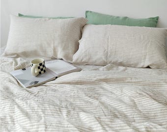 Set of 3 Natural Beige Stripe Linen Duvet Cover Set - Undyed Linen Bedding, Soft Linen, King/Queen Size
