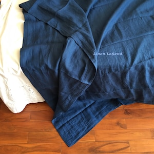 3 PCS SET Stone washed Pure linen bedding set Summer blanket top sheet with 2 pillowcases Navy Blue hand made by Linen Legend