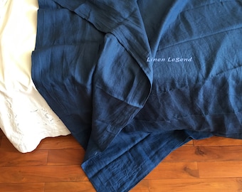 3 PCS SET Stone washed Pure linen bedding set Summer blanket top sheet with 2 pillowcases Navy Blue hand made by Linen Legend