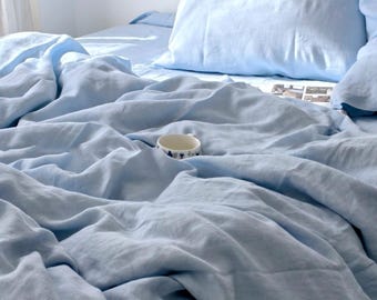 Sky Blue Linen Duvet Cover Set | Soft Washed Linen Bedding | Coastal Bedroom Decor | Relaxed European Linen