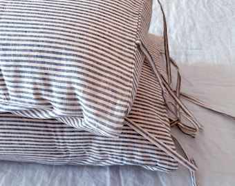 Set of 2 100% Linen Stripe Pillowcase with Ties – Deep Blue and Off-White Striped Cushion Cover – French Country Farmhouse Style