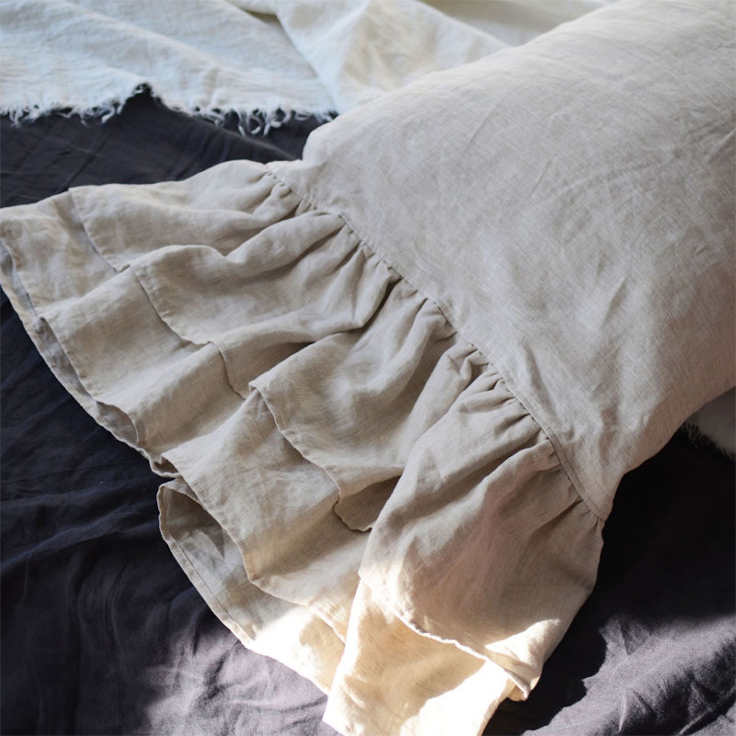 Details about   Shabby Pre washed 100% Linen Ruffled Pillow sham pillow case pillowcase 