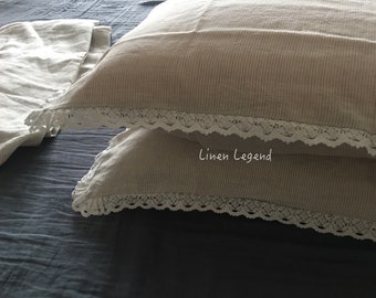 Ready for ship, set of 2 Shabby chic linen pillowcases, trim crochet lace, washed Organic Linen pillow case,  oatmeal ticking