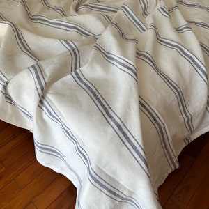 Set of 3 Stone washed Linen bedding blue and soft white striped Flat sheet pillowcases made by Linen Legend